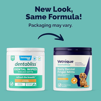 Vetnique Dentabliss - Dog Teeth Cleaning Finger Mitt Dental Wipe - Dog Plaque & Tartar Prevention with Brushing Beads - Flavored Dog Teeth Wipes, Dog Breath Freshener (Chicken)