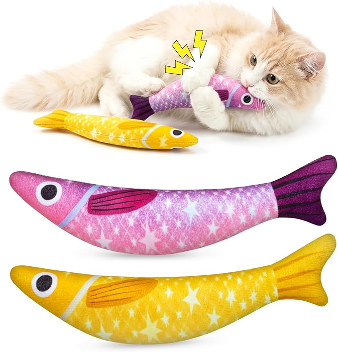 Catnip Toys for Indoor Cats with 5000mg Natural 2 Pack Fish Cat Toys with Hidden Bell Interactive Chew Kicker Toy with Crinkle Paper for Kitten Exercise Yellow Purple