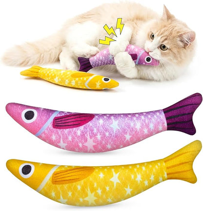 Catnip Toys for Indoor Cats with 5000mg Natural 2 Pack Fish Cat Toys with Hidden Bell Interactive Chew Kicker Toy with Crinkle Paper for Kitten Exercise Yellow Purple