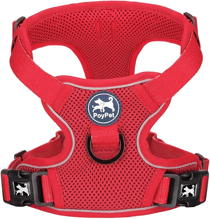 PoyPet Reflective Soft Breathable Mesh Dog Harness Choke-Free Double Padded Vest with Adjustable Neck and Chest(Red,XL)