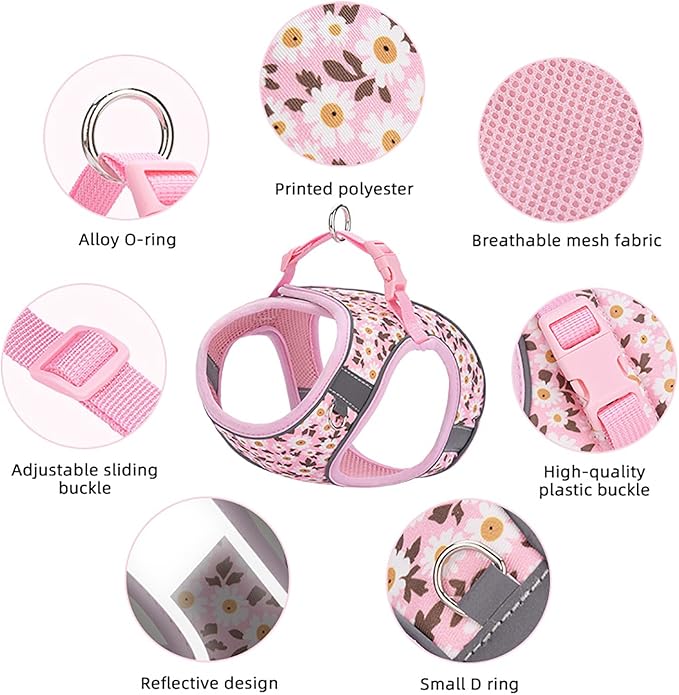 Small Dog Harness Black Daisy Flowers No Pull Reflective Step in Vest Harness Mesh Padded Soft Harness for Small Medium Dogs Cats