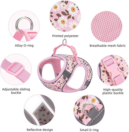 Small Dog Harness Pink Daisy Flowers No Pull Reflective Step in Vest Harness Mesh Padded Soft Harness for Small Medium Dogs Cats