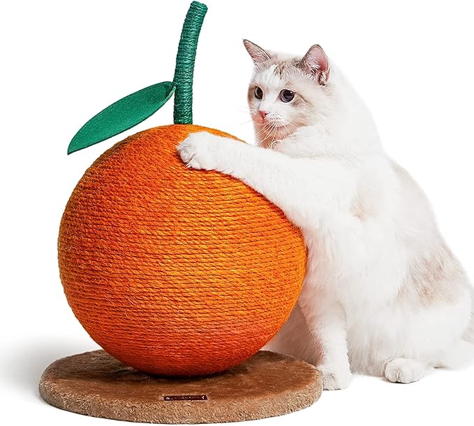 VETRESKA Orange Cat Scratching Post, Cute Cat Scratcher with Jute Rope, Vertical Cat Scratch Post for Indoor Cat and Kitten, Cat Scratching Ball