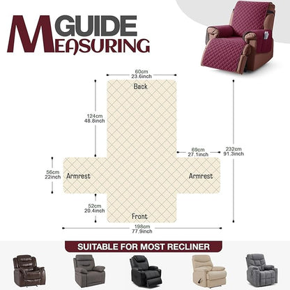 KinCam 100% Waterproof Recliner Chair Cover, Reclining Couch Covers for Pets, Dogs, Recliner Couch Slipcover Furniture Protector with Elastic Straps for Kids(23.6", Burgundy)
