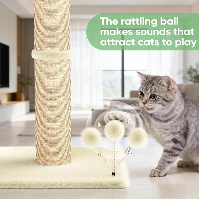 XiaZ Cat Scratching Post 34'' Tall, Cat Scratchers Tree Tower for Indoor Kitten with Extra Wide 15.8" Stable Base and 2 Toy Balls, Natural Sisal & Plush Fabric for Small, Medium Cats (Beige, 2.8in)