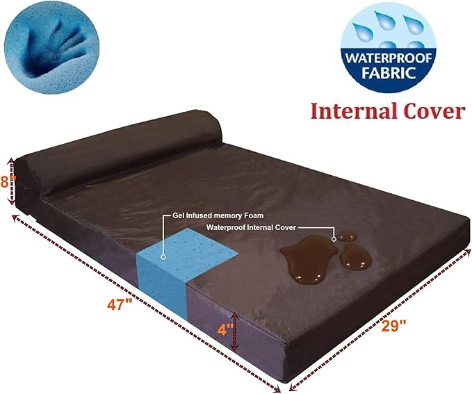 Dogbed4less Premium HeadRest Pillow Orthopedic Cool Memory Foam Dog Bed for Large Dogs, Waterproof Lining with Washable Suede Espresso Cover, Extra Large 47X29 Inches
