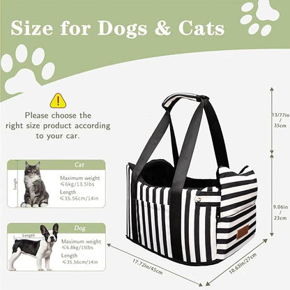 Cullaby Dog Car Seat for Small Dogs Under 15 lbs – Center Console Pet Carrier with Safety Belt, Storage Pockets, Removable Washable Cover – B&W Stripes, Secure & Comfortable for Small Puppies/Cats