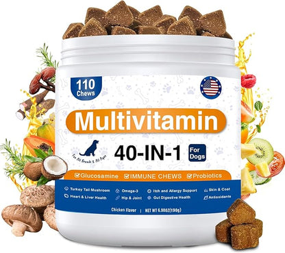 Dog Multivitamin, 40-in-1 Dog Vitamins and Supplements Chewable Contain Probiotics Omega-3 Glucosamine, Multivitamin for Dogs Skin Coat Heart Joint Liver Brain Eyes Immune Support (110ct)