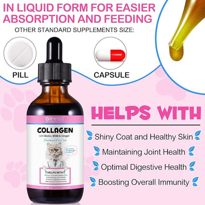 Collagen for Cats 2 fl.oz, Liquid Collagen for Cats Drops, Premium Grass-fed Collagens for Cat Skin and Coat Supplement, Itch Relief for Cat with Allergies Immunity, with Bovine Collagens, Biotin, MSM