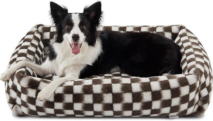 JOEJOY Dog Bed Medium Size Dog, Removable Washable Cover Orthopedic Soft Pet Bed, Anti-Slip Fluffy Plush Faux Rabbit Fur Puppy Bed, 30"x24"x8", Checkered, Brown