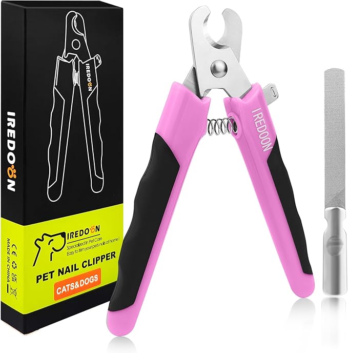 IREDOON Dog & Cat Nail Clippers, 4Cr13 Stainless Steel Razor Sharp Blade - Professional Pet Grooming Tool with Nail File, Small Hand Friendly & Non-Slip Grip (Pink)