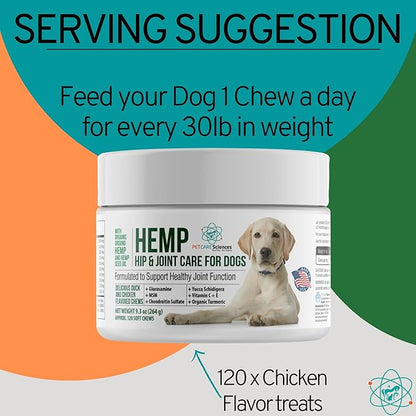 Approx 120 Hemp Chews for Dogs - Dog Hip and Joint Supplement - Pain Relief for Dogs - Senior Old Dog Vitamins and Supplements - Hemp Calming Treats for Dogs
