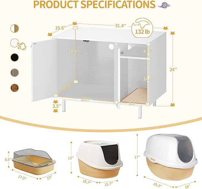 Hzuaneri Cat Litter Box Enclosure Enclosed, Hidden Litter Box Cabinet Furniture with Storage, Wooden Indoor Cat House Large, Modern End Table for Living Room Entryway, White CB01513W