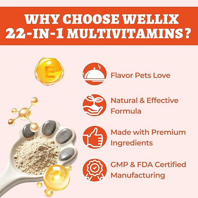 Wellix 7.02oz Vitamins Taurine Powder for Dogs&Cats, All-in-One Multivitamin with Colostrum, Itch Relief, Immune Support, Digestive Support, Chicken Flavor Pet Vitamins and Supplements