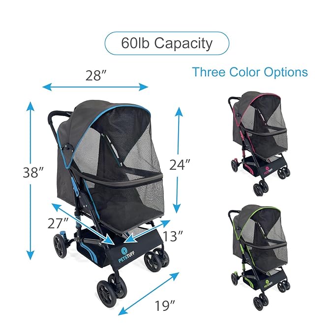 27.2” Buddy Buggies Foldable Pet Stroller - Shock Absorbing Frame with Storage - Machine Washable Fabric - Durable Mesh & UV Protected Retractable Canopy - Cat & Dog Stroller Up to 60lb