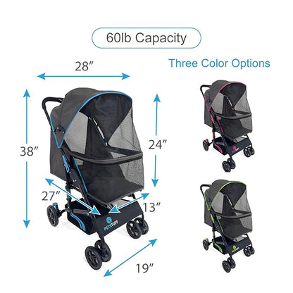 27.2” Buddy Buggies Foldable Pet Stroller - Shock Absorbing Frame with Storage - Machine Washable Fabric - Durable Mesh & UV Protected Retractable Canopy - Cat & Dog Stroller Up to 60lb