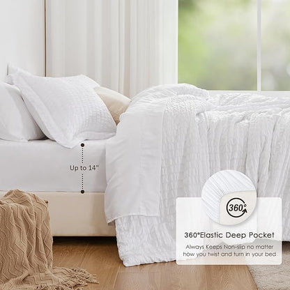 Love's cabin Seersucker White Twin Comforter Set, 5-Piece All Season Lightweight Bed in a Bag Bedding Set with Comforter, Flat Sheet, Fitted Sheet, Pillowcase and Sham | Soft, Breathable, Lightweight