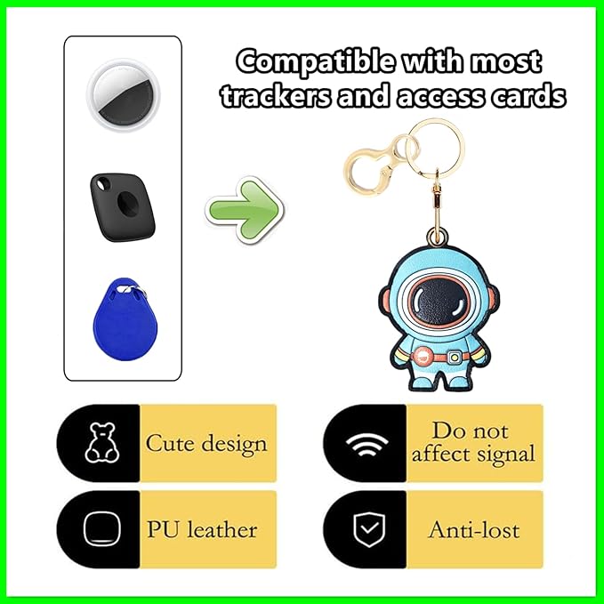 Leather Keychain Holder Case Compatible with AirTag,Cute Protective Cover with Keyring,Anti-Scratch Finder GPS Tracker Case for Wallet Keys,bag,pets,Backpack(Astronaut Green)