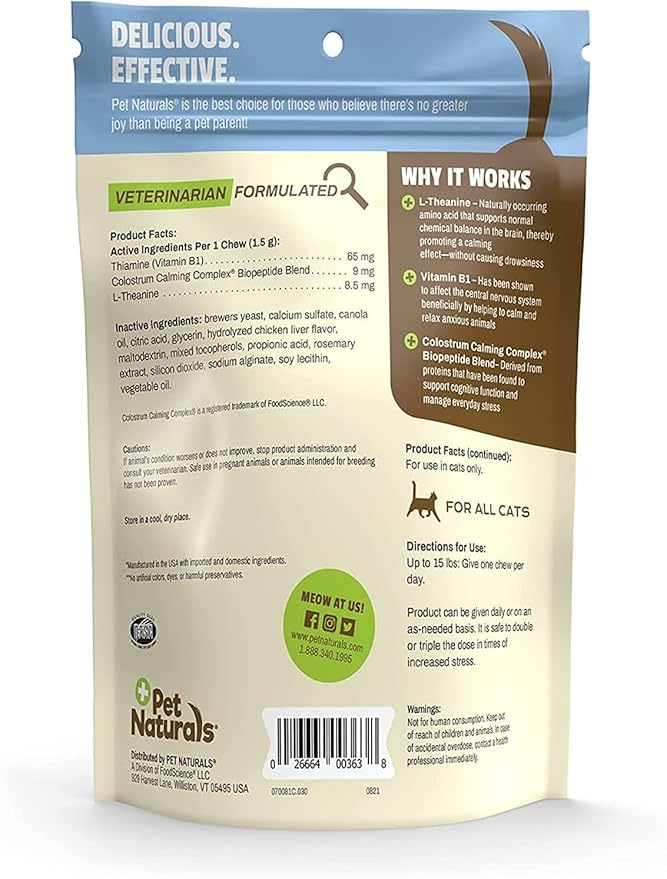 Pet Naturals Calming Chews for Cats, Anxiety Relief with Gentle Ingredients for Thunder, Fireworks, Travel, Grooming, Calming Pet Treats, Chicken Flavor, 30 Count