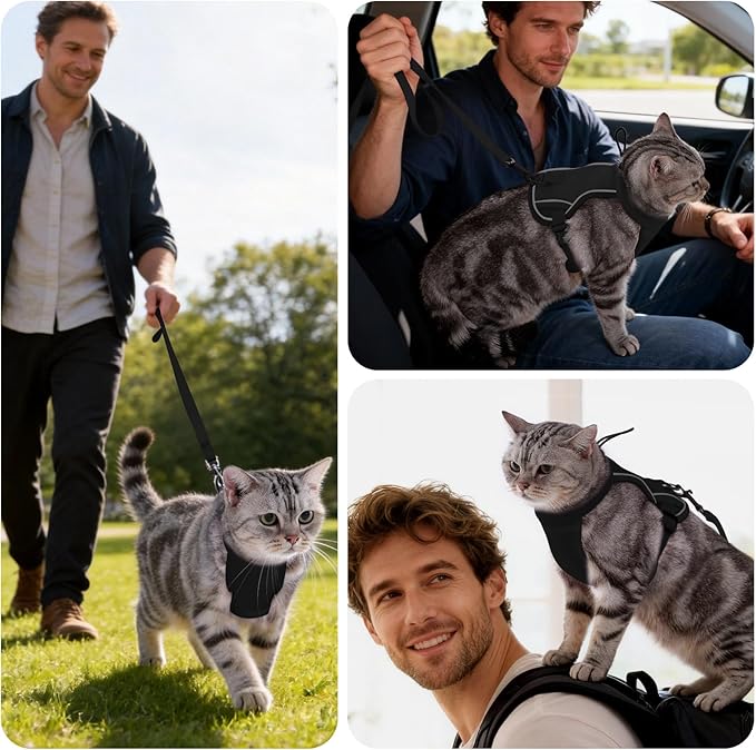 Dotoner Escape Proof Cat Harness and Leash Set Adjustable Soft Mesh Vest for Walking Safe Travel Vet Visit with Reflective Strips for Cats and Kittens(Black-M)