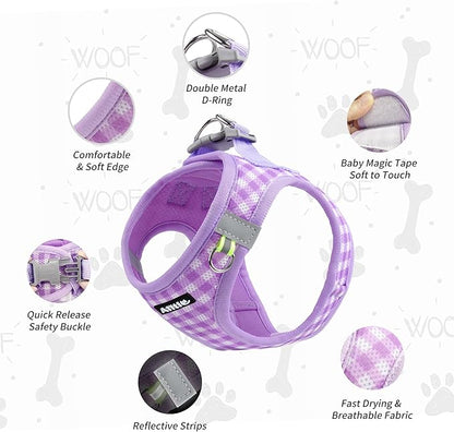 AIITLE Adjustable Dog Vest Harness Set – No-Pull Design, Plaid Print & Reflective Safety– Fits Poodles, Shih Tzus & Medium-Sized Dogs up to 38lbs (M, Purple)