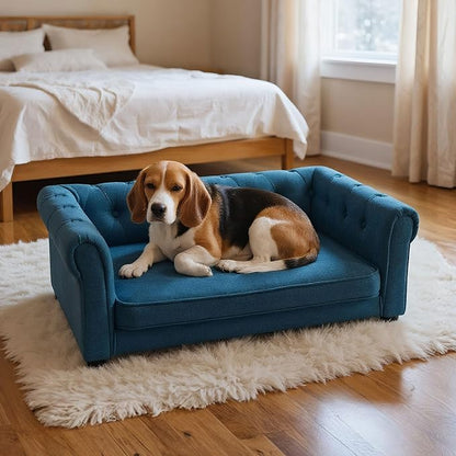 Elevated Dog Sofa with Backrest and Armrests, Button Tufted Pet Bed with Soft Cushion for Medium Dogs, Stylish Lounging Bed Pet Couch Chair for 60Lbs Dog, Blue