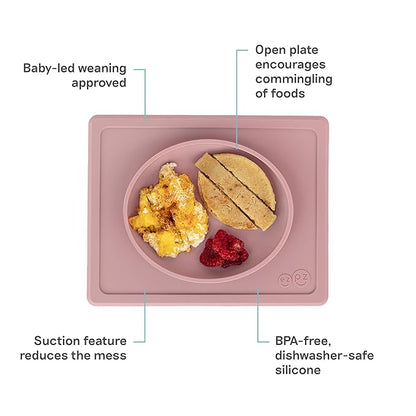 ezpz Tiny Plate (Blush) - 6 Months+ - 100% Silicone Suction Placemat + Plate for Infants - Fits on Most Highchair Trays - Baby Led Weaning Supplies