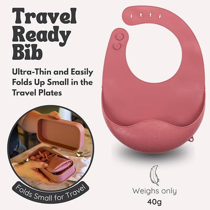 Baby Travel Essentials 6 Pc Silicone Feeding Set - Portable Toddler Plates with Suction, Baby Spoons & Foldable Bib in Carrying Case - BPA-Free Infant & Toddler Utensils for Airplanes & Eating Out