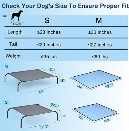 SZEE Raised Dog Bed with Detachable 2-Sided Cooling/Warming Waterproof Mat, Elevated Dog Cot Bed for Small Sized Breeds with Durable Steel Frame & Sturdy Teslin Mesh, Outdoor & Indoor All-Season Use