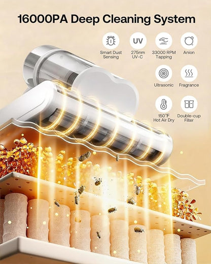 Trucozie Mattress Vacuum Cleaner, 16Kpa Bed Vacuum with Smart Dust Sensor, Anion & Aromatherapy, 275nm UV Light, 149℉ Heat & Ultrasonic & Tapping, Corded for Bed Sofa Couch Pet Hair, White