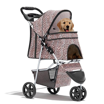Pet Stroller for Small Dogs 10 lbs, Dog Stroller for Medium Dogs 30 lbs, Cat Strollers for 2 Cats, 3 Wheels Foldable Jogger Puppy Stroller with Storage Basket and Cup Holder, Leopard Print