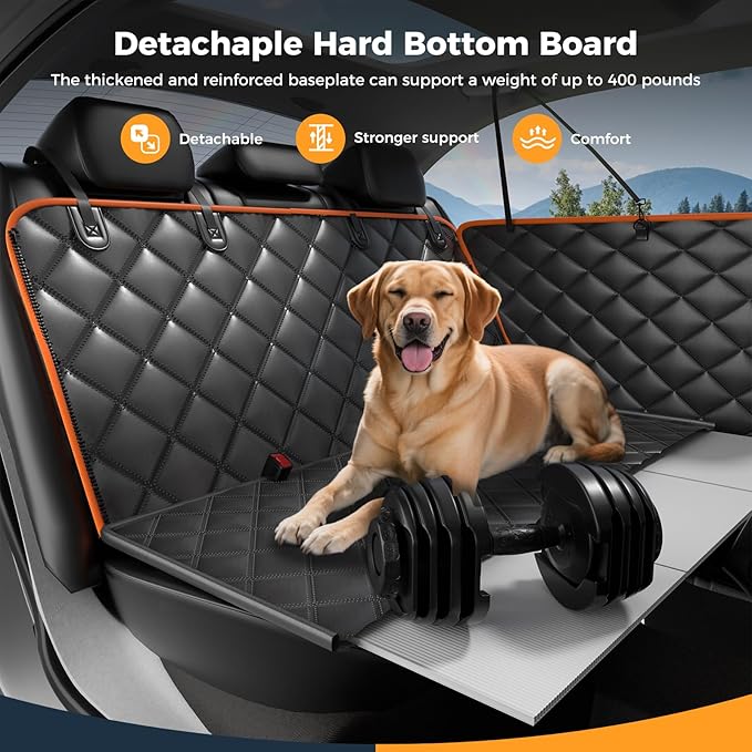 Dog Car Seat Cover for Back Seat, Hard Bottom Back Seat Extender for Dogs - Supports 400lbs,New Waterproof, Scratch Resistant, Anti Slip Portable Dog Hammock,Suitable for Cars, SUVs and Trucks(BLACK）