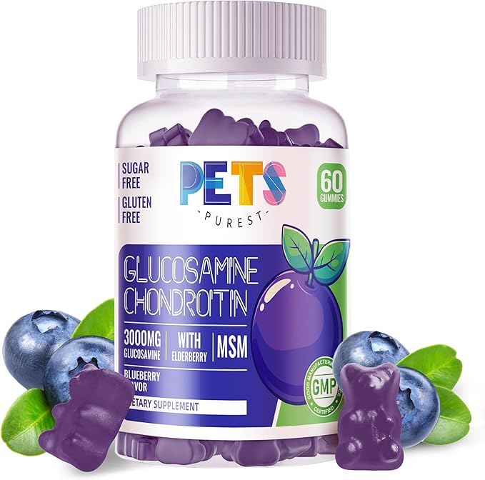 Pets Purest Glucosamine Chondroitin Gummies with MSM & Elderberry Extra Strength - Joint Support, Antioxidant Immune Support Supplement for Adults, Men & Women.60 Blueberry Gummies