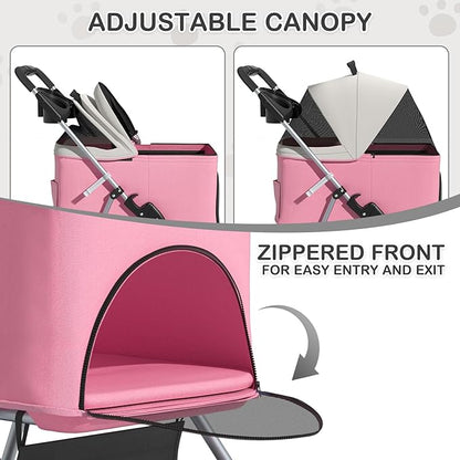 MoNiBloom 3 in 1 Foldable Pet Stroller for Small & Medium Dogs, Detachable Carrier, Car Seat, Push Button Entry, 4-Wheel Jogger for Pets up to 33 lbs, Pink
