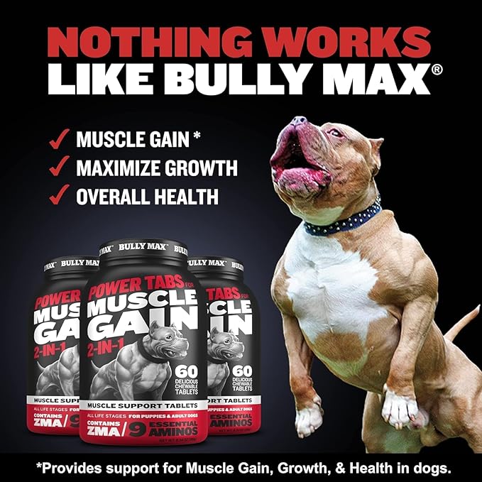 Bully Max 2-in-1 Muscle Builder Chewable Tablets for Dogs - Puppy & Dog Vitamins, Supplements for Muscle Gain & Growth - Canine Multivitamins Essentials for All Breeds & Ages - 60 Tabs, 3 Bottles