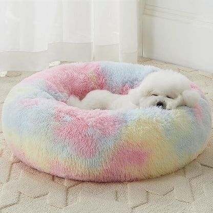 WNPETHOME Calming Dog Bed Cat Bed Donut, Faux Fur Pet Bed Self-Warming Donut Cuddler, Comfortable Round Plush Dog Beds (24 x 24 x 8 Inch, Rainbow)