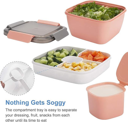 Freshmage Salad Lunch Container To Go, 52-oz Bowls with 3 Compartments, Dressing Container for Toppings, Snacks, Men, Women (Pink)