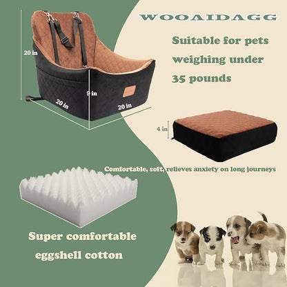 WOOAIDAGG Dog Car Seat for Medium Sized Dog,Pet Travel Car Bed with Seat Belt Channle,Fully Detachable and Washable Car Dog Seat with Adjustable Straps,3 Straps Easy to Install (Black/Brown)