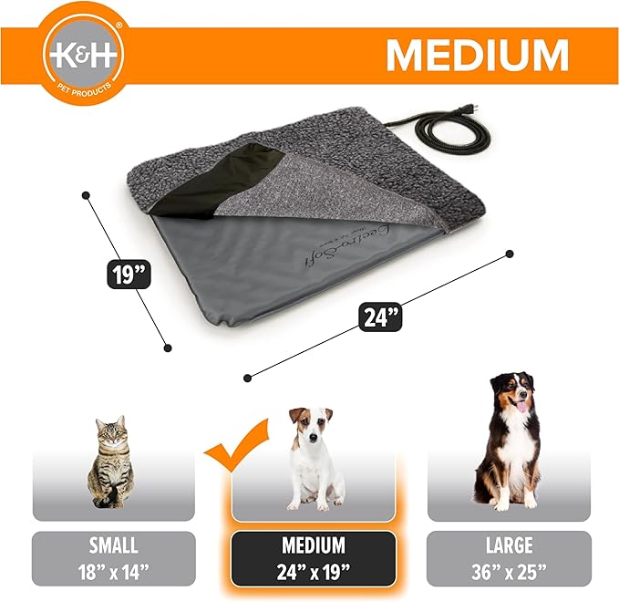 K&H Pet Products Lectro-Soft Orthopedic Outdoor Heated Dog and Cat Bed for Medium Dogs or Big Cats, Soft/Flexible Safety Listed Warming Pad, Waterproof, Washable Cover - Medium 24 X 19in Gray 40W