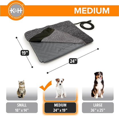 K&H Pet Products Lectro-Soft Orthopedic Outdoor Heated Dog and Cat Bed for Medium Dogs or Big Cats, Soft/Flexible Safety Listed Warming Pad, Waterproof, Washable Cover - Medium 24 X 19in Gray 40W