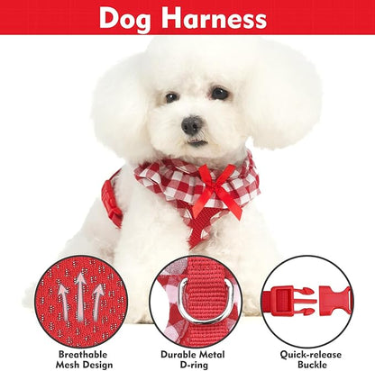 EXPAWLORER Cute Dog Harness and Leash Set - Red Girl Dog Harness Checkered Step-in Design, Easy Adjustable No-Choke Lightweight Breathable Vest for Small Medium Dogs Outdoor Walking, Medium