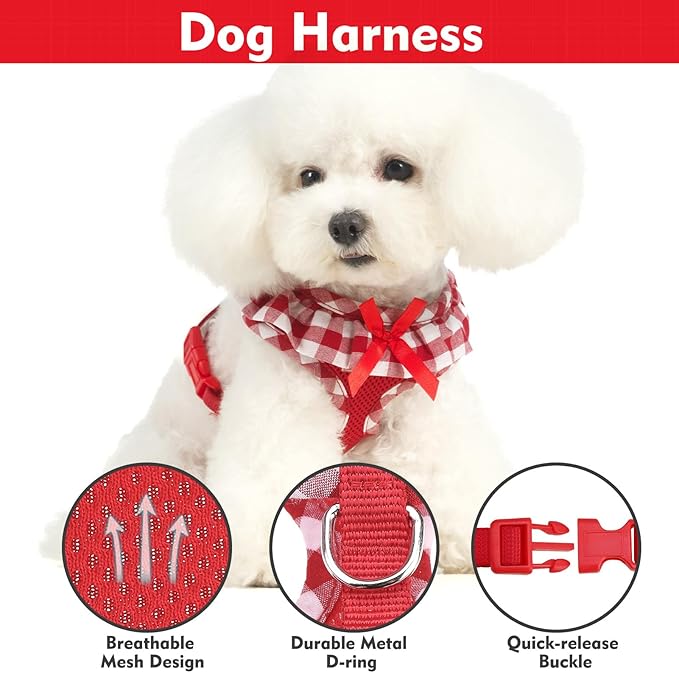 EXPAWLORER Cute Dog Harness Collar Leash Set - Red Girl Dog Harness Checkered Step-in Design, Detachable Bow Pet Collar, Adjustable No-Choke Lightweight Mesh Vest for Cats Puppy Small Dogs, S