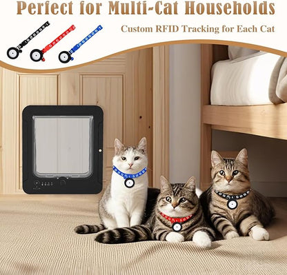 Smart Cat Door for Interior & Exterior, Flap Opening is 7.67’’ (H) by 7'' (W), RFID Cat Pet Door with 3 RFID Collar Sensor Keys & 1 Remote & 4 Way Locking Cat Flap, Automatic Opening Cat Door (Black)