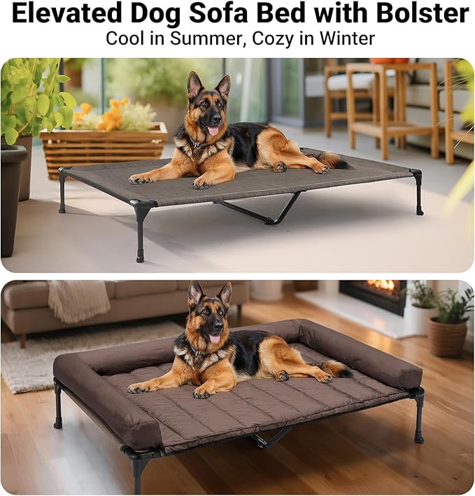 Veehoo Cooling Elevated Dog Bed Add Removable Waterproof Bolster Cushion Mat, Raised Pet Cot with Breathable Teslin Mesh, No-Slip Feet, Dog Couch Bed for Indoor Outdoor, 53 inches, Brown