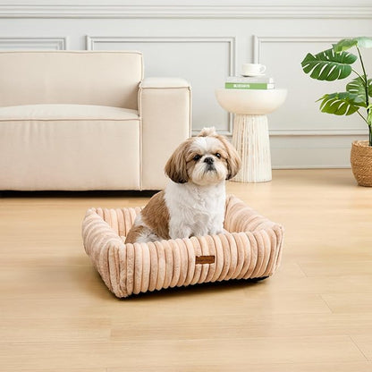 Modern Threads Ribbed Plush Two-Tone Cuddler Dog Bed, Ultra-Soft Faux Rabbit Fur, Supportive Bolstered Sides, Removable Washable Cover, Bed for Small to Medium Dogs, Cream, (24" L x 20" W x 8" Th)