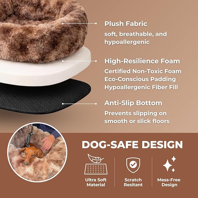 Pelsbarn Luxurious Cozy Car Bed - M/L Luxury Travel Dog Bed with Safety Belt - Ultra Soft Faux Fur - Brown