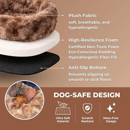 Pelsbarn Luxurious Cozy Car Bed - Small Luxury Travel Dog Bed with Safety Belt - Ultra Soft Faux Fur - Brown