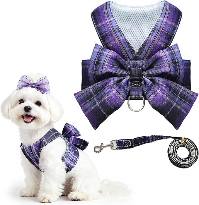 Cute Dog Harness and Leash Set with Bow Tie Soft Mesh Plaid Girl Puppy Harness No Pull Pet Cat Dog Vest Harness for Small Dogs Chihuahua Rabbit Outfit (Purple,L)