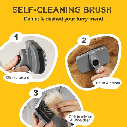 Deshedding Dog Brush for Shedding – Self Clean Cat Brush Deshedding & Grooming Tool for Long Haired and Short Haired Dogs, Slicker Brushes for Dogs, Skin-Friendly, Retractable Bristles, Easy to Clean