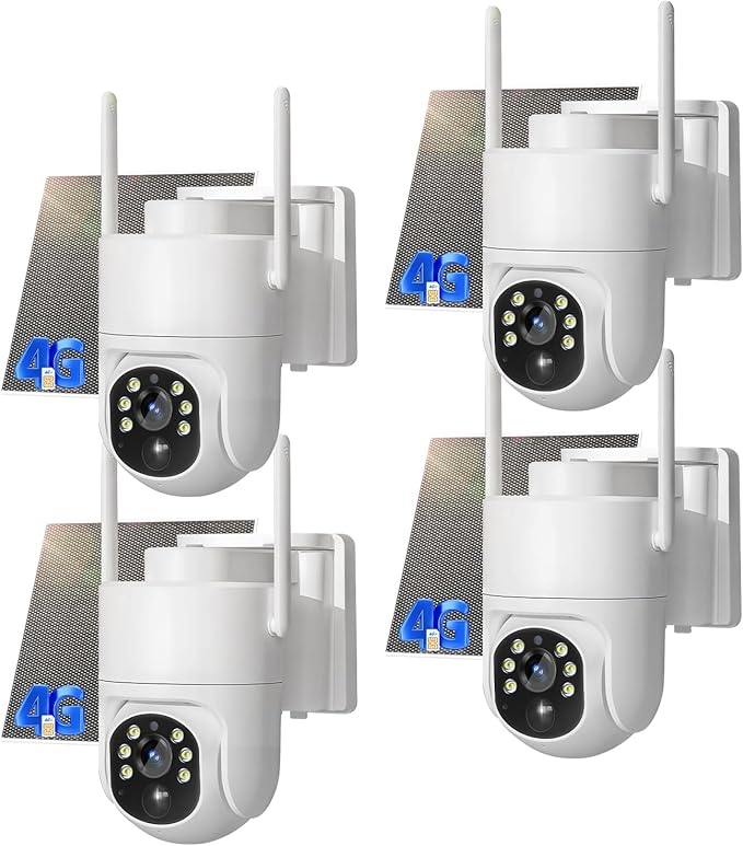 4G LTE Cellular Security Camera, No WiFi Solar Powered Security Camera, Auto Tracking, Color Night Vision, Motion Detection, 2 Way Audio, Built in SIM Card, Support Verizon/AT&T/T-Mobile(4 Pack)